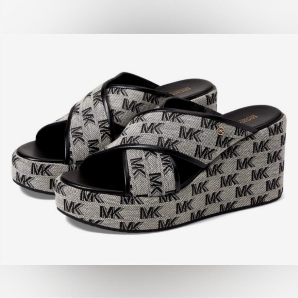 Michael Kors Cary Gray/Black signature jacquard Platform Wedge Sandals - 8&1/2